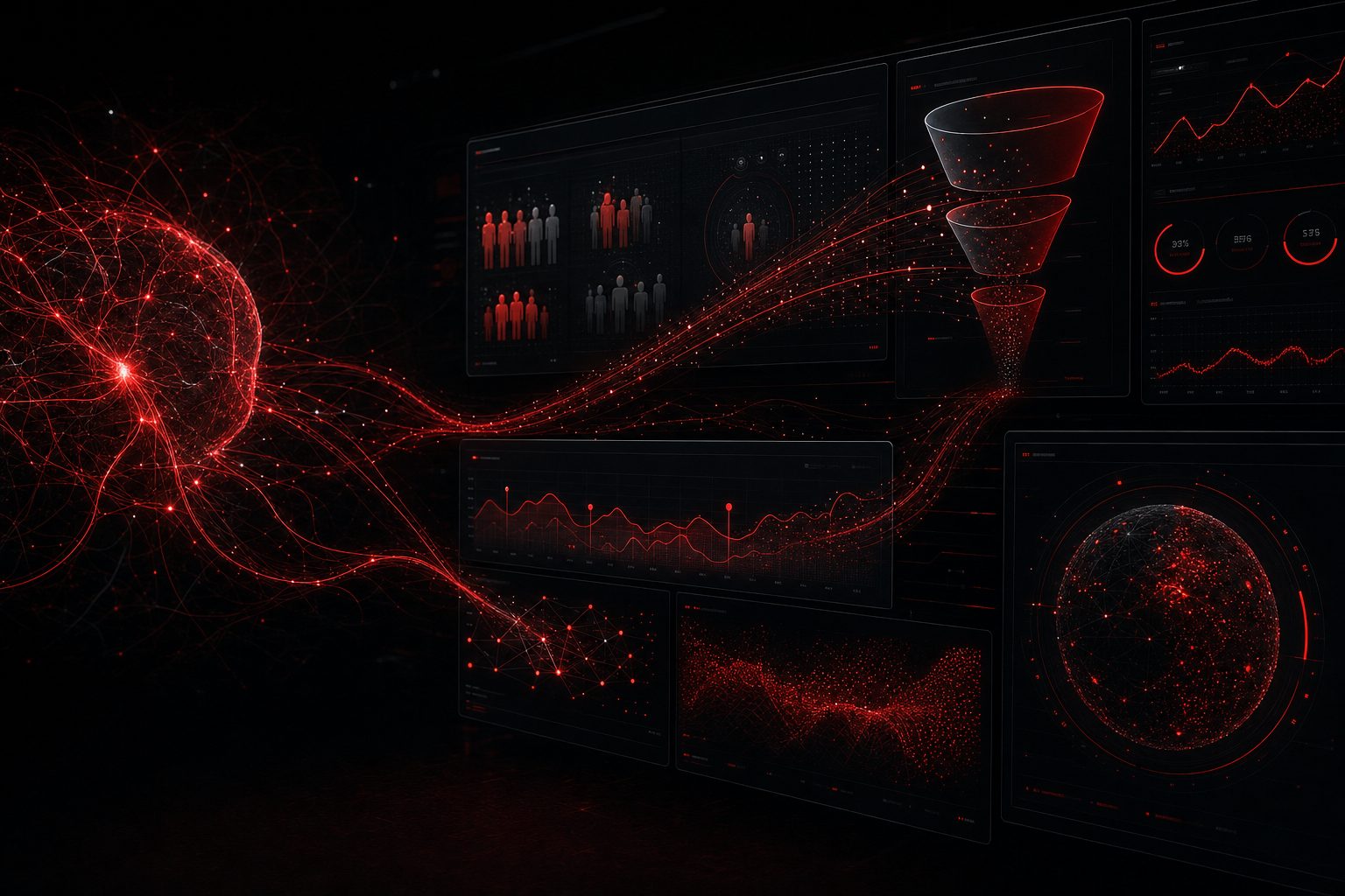 Red neural pathways weaving through marketing dashboard panels of audience and campaign data, representing practical AI and marketing integration.