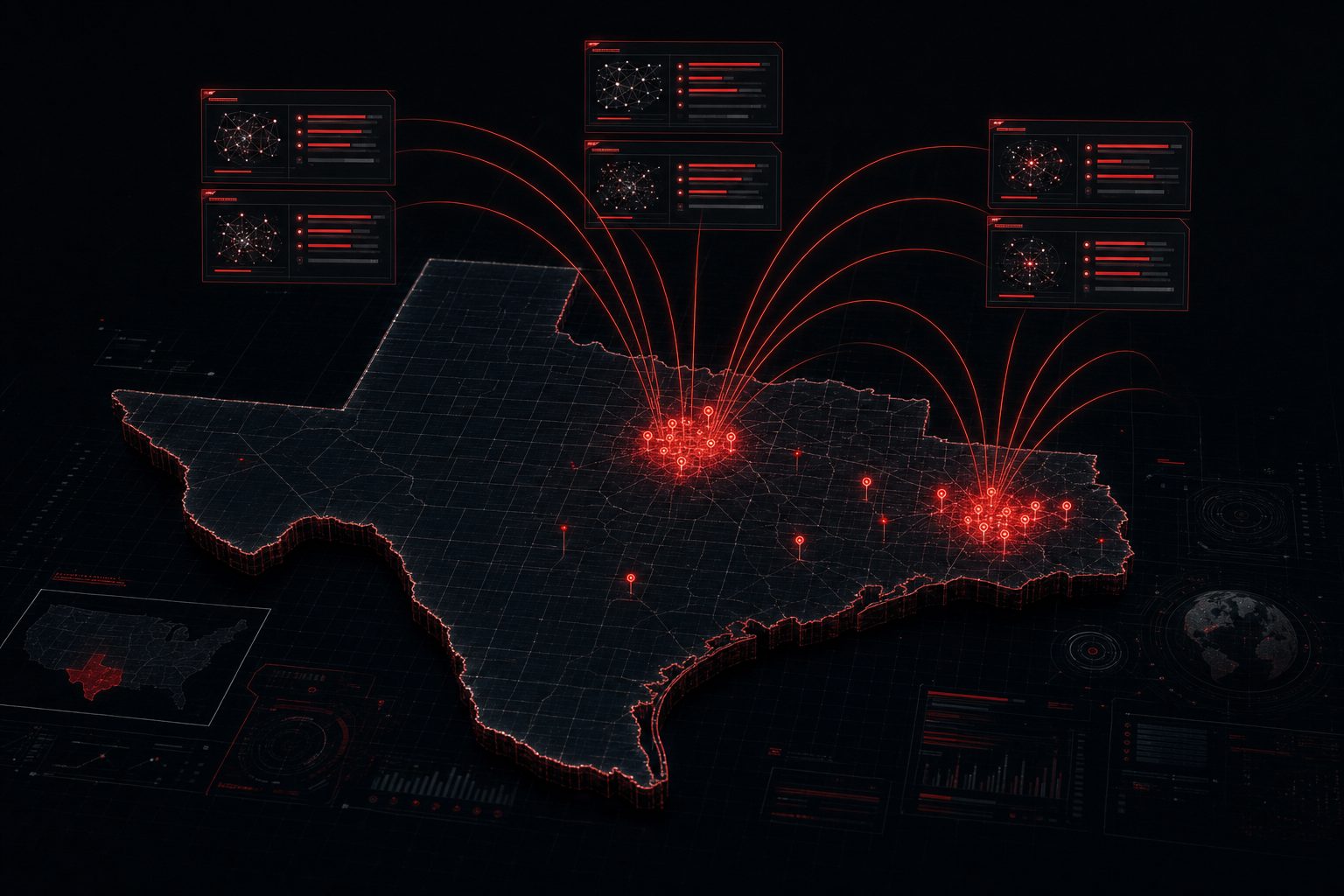 Stylized dark map of Texas with red location beacons over the Dallas and East Texas region connected by search result panels, representing local SEO.