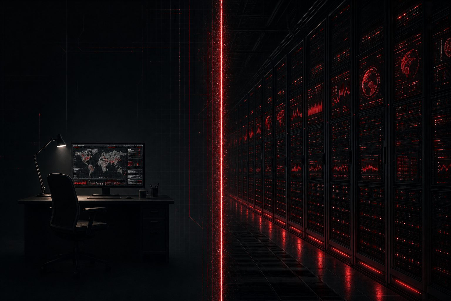 Split visual of a single lit workstation against a wall of monitored red server racks, representing the choice between in-house IT and managed infrastructure.