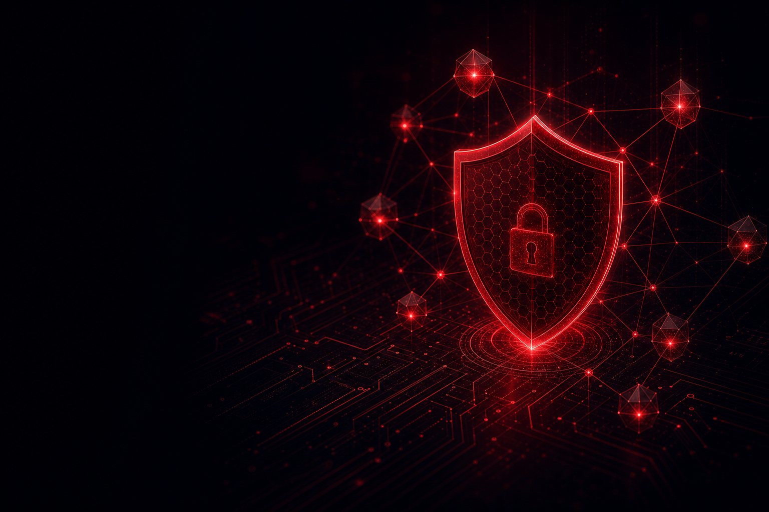 Abstract visualization of a red digital security shield protecting a network of connected nodes, representing Defcon-One cybersecurity and threat protection.