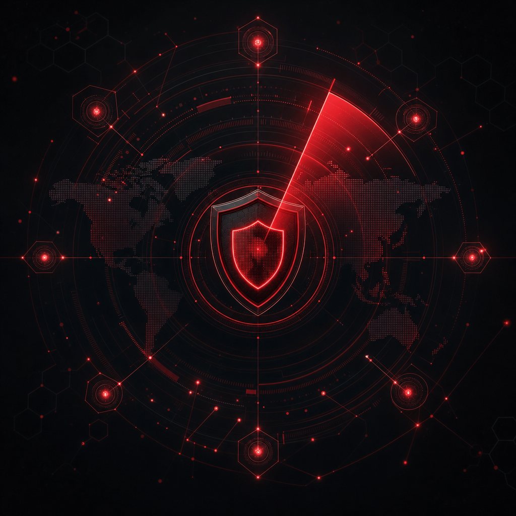 A red threat-detection radar sweep and shield surrounded by data rings, representing Defcon-One security operations.