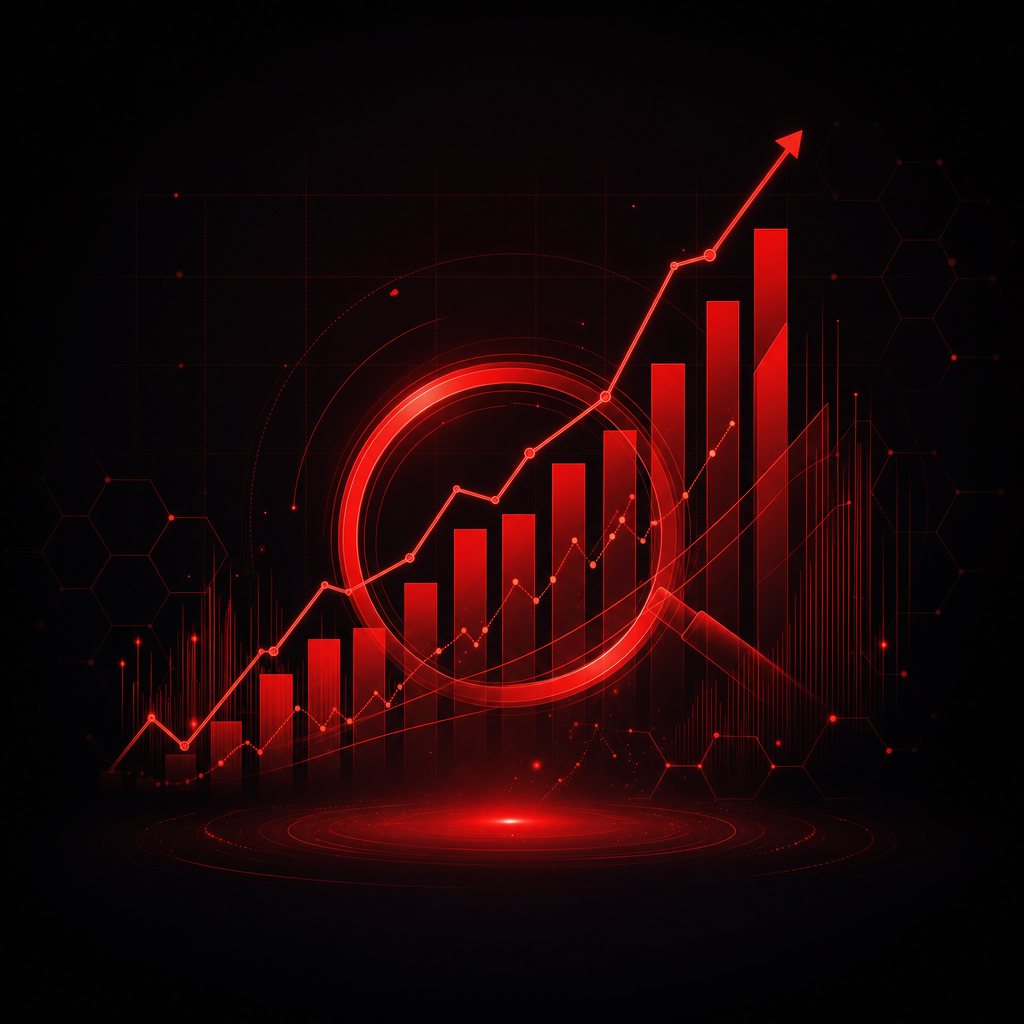 Rising red analytics charts with a magnifier and upward arrow, representing Defcon-One data-driven SEO.